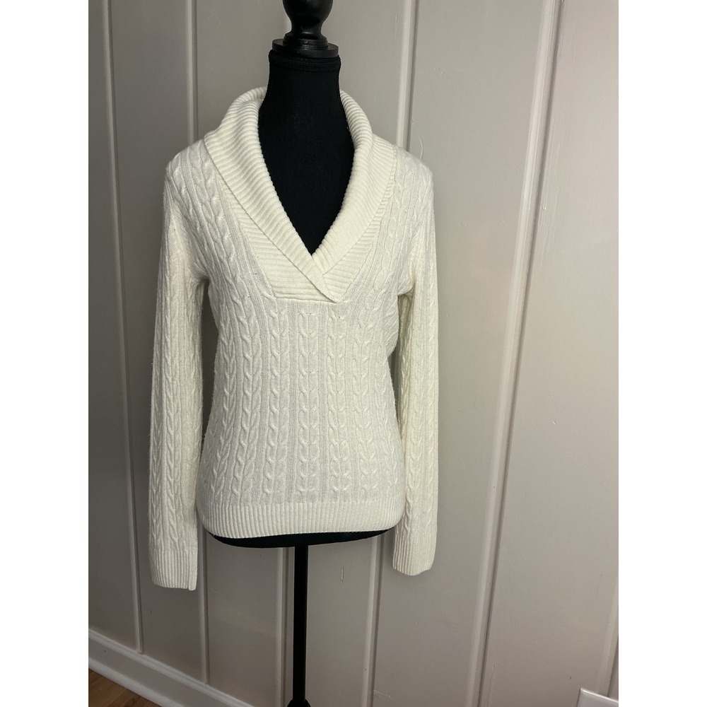 GH Bass Women Small Cream Cable Knit Pullover Sweater Ivory‎ Acrylic Y2K
